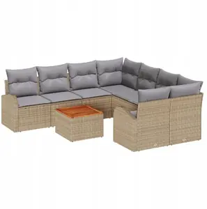 Outdoor Sofa Set VidaXL 9-piece with Cushions Beige Rattan and Acacia, 2-seater Sofa with Storage