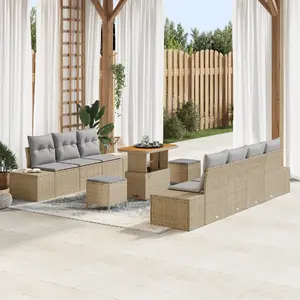Outdoor sofa set VidaXL 10-piece with cushions, beige, poly rattan and acacia wood