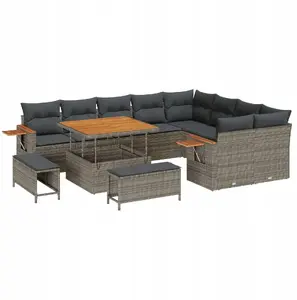 Garden Sofa Set 12-piece with Cushions Grey Polyrattan Acacia, Garden Dining Set 3-piece with Cushions Grey Polyrattan Acacia - VidaXL
