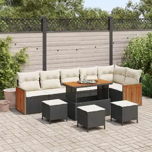 Набор уличной мебели VidaXL — 9-местный комплект садовых диванов с подушками (чёрный ротанг, акация) и 3-местный обеденный комплект с подушками