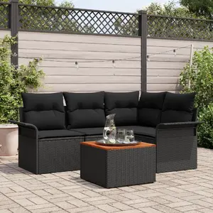 Outdoor Sofa Set VidaXL 5-Piece with Black Polyrattan and Acacia Frame, Includes Cushions