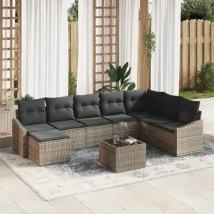 Outdoor Dining Set VidaXL 8-Piece with Cushions, Black Poly Rattan