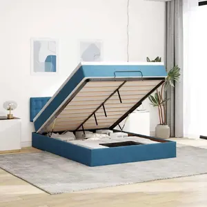 Каркас кровати с оттоманкой и матрасом VidaXL 140x200 см синий бархат