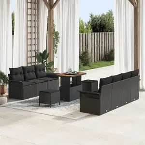 Outdoor Sofa Set VidaXL 10-piece black poly rattan with cushions and storage, includes 2-seater sofa and 3-piece dining set