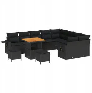 Outdoor sofa set VidaXL 12-piece with cushions, black poly rattan and acacia; Dining set VidaXL 3-piece with cushions, black poly rattan and acacia