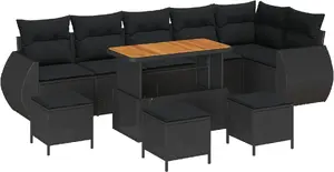 Outdoor furniture set VidaXL 10-piece garden sofa with cushions & 4-piece dining set, black poly rattan, acacia