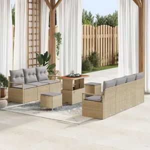 Outdoor sofa set VidaXL model 3362492 — beige polyrattan and acacia, 10-piece including 2-seater sofa and cushions