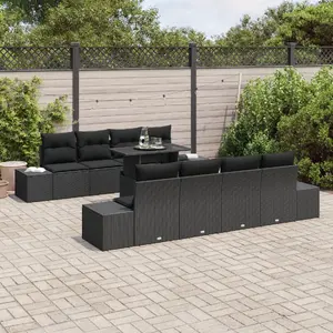 Outdoor sofa set VidaXL 9‑piece with cushions, black polyrattan