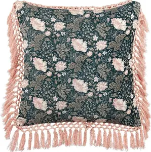 Decorative velvet cushion Beliani PARROTIA 45 x 45 cm with floral pattern and fringes, blue-pink