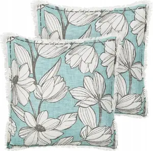 Decorative cotton cushion pair Beliani CYANOTIS 45 x 45 cm white-blue with floral pattern and fringes