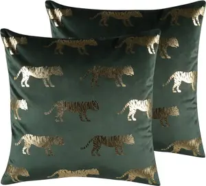 Beliani BLUEBELL Decorative Velvet Throw Pillows, Tiger Pattern, Green, Set of 2