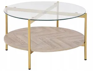 Coffee table Beliani LOVELL — glass top with light wood and gold accents
