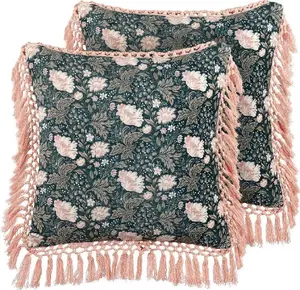 Decorative velvet cushion set Beliani PARROTIA — 2 pillows 45 x 45 cm, floral pattern with fringes, blue-pink