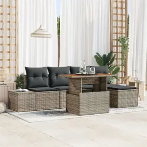 Garden dining set VidaXL 6-piece with cushions, grey polyrattan, acacia table