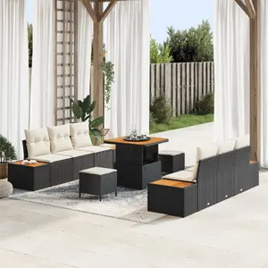 Garden sofa set and dining set VidaXL — 9-piece sofa set with cushions (black rattan, acacia) + 3-piece dining set with cushions (black rattan, acacia)