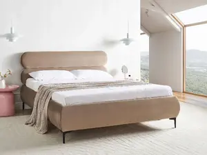 Кровать Beliani LESSAY 160 x 200 см Велюровая обивка бежево-серая, Мягкая конструкция с изголовьем