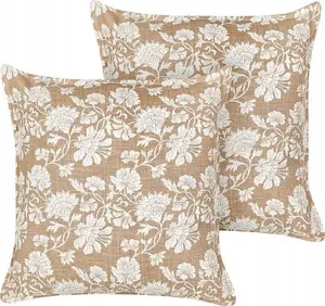 Decorative cotton cushions Beliani NOTELEA set of 2, floral pattern, 45 x 45 cm, beige and white