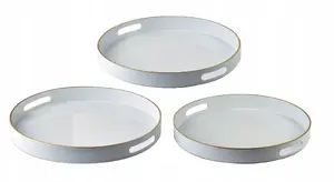 Dekoratīvu paplāšu komplekts Mondex BLANCHE WHITE — 3 apaļas paplātes (38×38×4 cm, 35×35×4 cm, 33×33×3,5 cm)