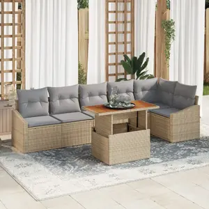 Dārza dīvānu komplekts VidaXL 7 daļu bēšs poli-rattan ar spilveniem, modelis 3358583