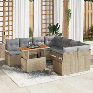 Outdoor sofa set VidaXL 9-piece rattan polyester beige with 2-seat sofa and storage, includes cushions