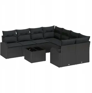 Outdoor Sofa Set VidaXL 9-Piece with Cushions, Black Rattan and Polyester, Includes 2-Seat Sofa and Storage
