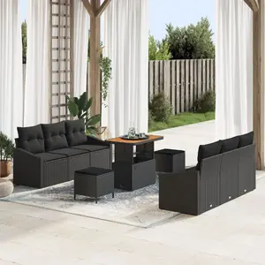 VidaXL garden furniture set — polyrattan black, 9-piece sofa set with cushions; 2-seater sofa with storage; 3-piece dining set with cushions
