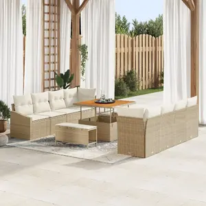 vidaXL 11-piece outdoor sofa set with cushions, beige polyrattan and acacia, includes 2-seater storage sofa and 3-piece dining set