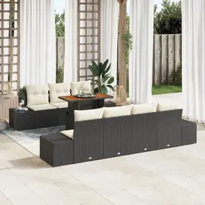 Garden dining set VidaXL 8-piece polyrattan with cushions, black, acacia tabletop