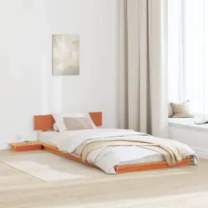 vidaXL grīdas gultas rāmis ar naktsskapīšiem, vaskots brūns, masīvkoks, 75x190 cm