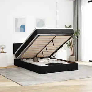 Gulta ar otomanu un matraci VidaXL 140x200 cm, melns samts