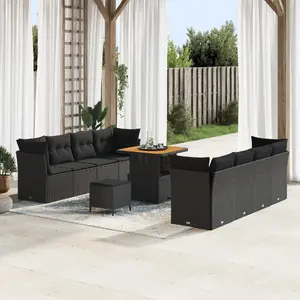 Garden furniture set VidaXL 11-piece with cushions black polyrattan acacia & 3-piece dining set with cushions black polyrattan acacia