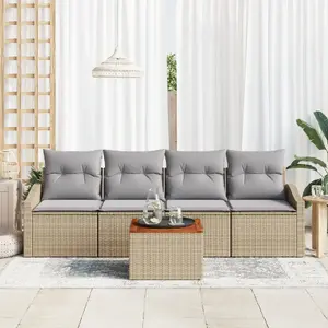Outdoor sofa set VidaXL 5-piece with cushions, beige, polyrattan frame and acacia wood accents