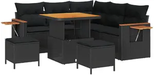 Garden furniture set VidaXL 8-piece with cushions Black polyrattan & acacia, Dining set VidaXL 3-piece with cushions Black polyrattan & acacia