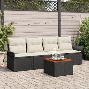 Outdoor Sofa Set 5-Piece with Cushions VidaXL – Black Polyrattan, Acacia Accent