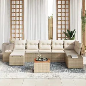 Outdoor sofa set VidaXL 8-piece beige rattan with cushions, acacia frame