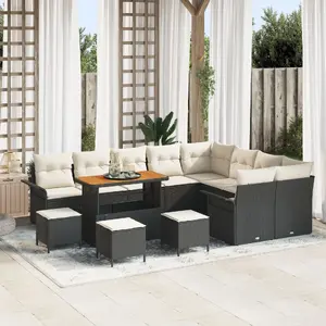 Garden furniture set VidaXL 12-piece black polyrattan with cushions and acacia storage 2-seater dining 3-piece