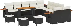 Outdoor garden furniture set VidaXL 14-piece with cushions — black polyrattan, acacia table