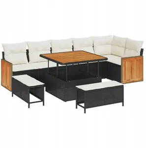 VidaXL garden sofa set 9-piece with cushions + 2-seater sofa + 3-piece dining set – black polyrattan with acacia wood accents