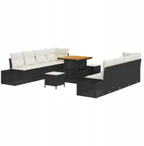 VidaXL garden furniture set 11-piece with cushions, black poly rattan and acacia (includes 2-seat sofa and 3-piece dining set)