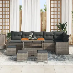 Outdoor sofa set VidaXL 10-piece gray poly rattan with cushions, acacia accents, model 3363853