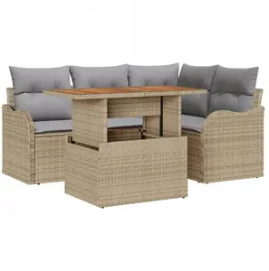Outdoor sofa set VidaXL 5-piece beige PE rattan, acacia frames, includes cushions, 2-seater sofa
