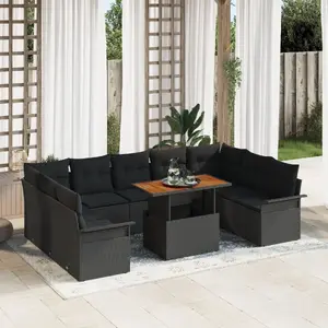 Dining set VidaXL model 3349379 — 10-piece black polyrattan with cushions, acacia table top