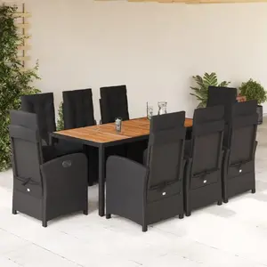 Dārza mēbeļu komplekts VidaXL 9 daļas ar spilveniem, melns, PE rattan, galds un krēsli