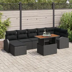 Garden dining set VidaXL 8-piece in black polyrattan with cushions, acacia table (model 3349617)