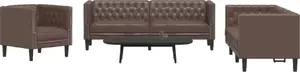 VidaXL Chesterfield 3 daļu atpūtas komplekts, brūna mākslīgā āda, 3‑vietīgs dīvāns + 2 krēsli