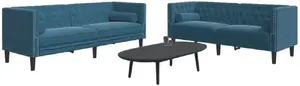 2 daļu Chesterfield dīvānu komplekts ar spilveniem VidaXL modelis 3209299, zils samts