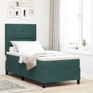 Кровать Box Spring VidaXL с матрасом и подсветкой LED, велюр тёмно-зелёный, 90x190 см