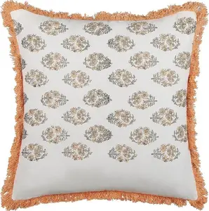 Decorative cotton cushion Beliani SATIVUS with floral print and tassels, 45 x 45 cm, white-orange
