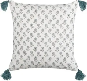 Decorative cotton cushion Beliani CORNUS with floral print and tassels 45 x 45 cm white-blue