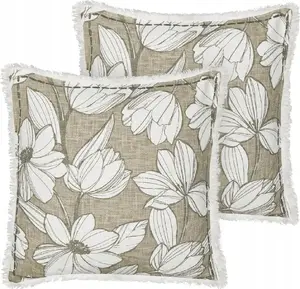 Decorative cotton cushions Beliani CYANOTIS set of 2, floral pattern with tassels, 45 x 45 cm, white-green